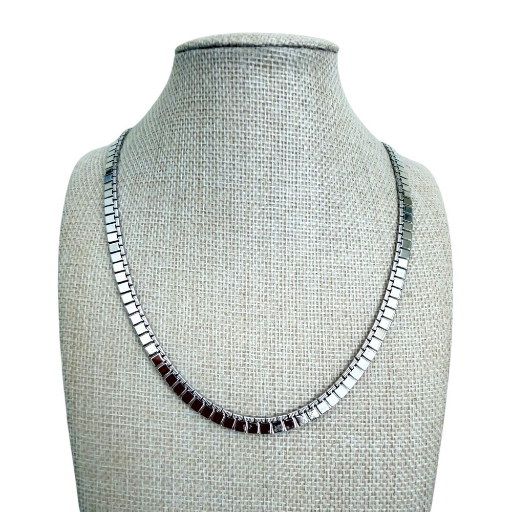 Vintage Monet Silver Tone Square Box Link Chain Necklace Modernist